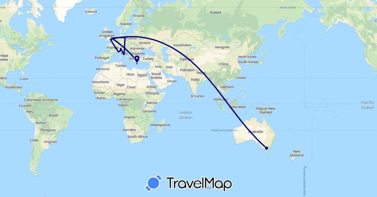 TravelMap itinerary: driving in Australia, Germany, France, United Kingdom, Greece, Italy (Europe, Oceania)